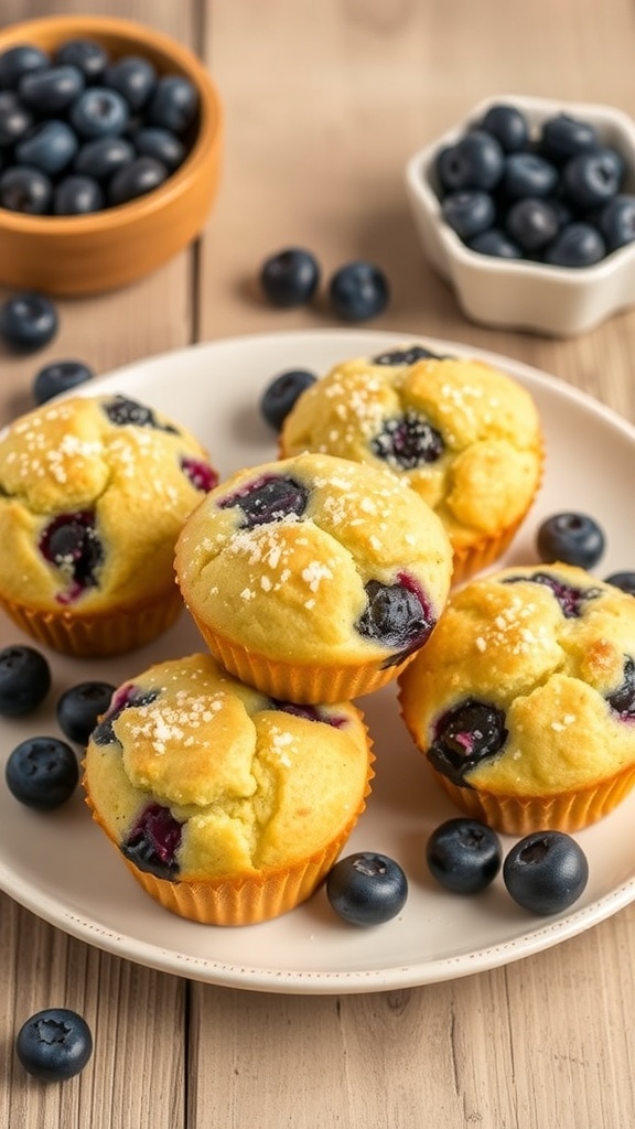 Freshly baked lemon blueberry muffins on a plate with blueberries scattered around.